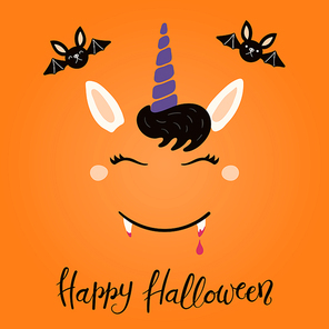 Hand drawn vector illustration of a cute funny vampire unicorn face decoration, with lettering quote Happy Halloween. Isolated objects on white . Flat style design. Concept children .