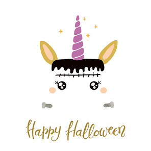 Hand drawn vector illustration of a cute funny Frankenstein unicorn face decoration, with quote Happy Halloween. Isolated objects on white . Flat style design. Concept for children .