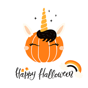 Hand drawn vector illustration of a cute funny pumpkin with unicorn face, with lettering quote Happy Halloween. Isolated objects on white . Flat style design. Concept for children .
