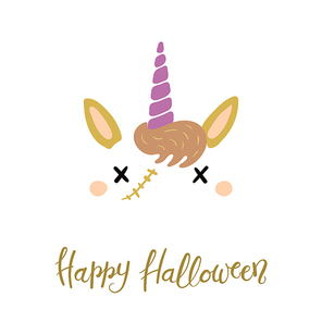 Hand drawn vector illustration of a cute funny zombie unicorn face decoration, with lettering quote Happy Halloween. Isolated objects on white . Flat style design. Concept for children