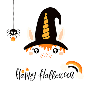 hand drawn vector illustration of a cute funny witch unicorn face decoration, with lettering quote happy halloween. isolated objects on . flat style design. concept for children .