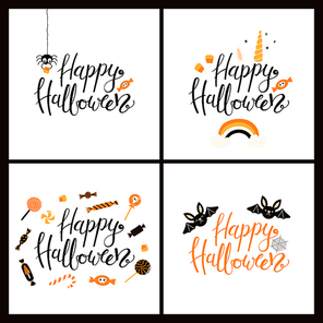 set of cards with hand written quote happy halloween, unicorn horn, spider, candy, bats, rainbow. vector illustration. isolated objects on . flat style design. concept for celebration.