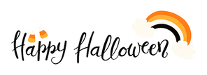 Banner with hand written lettering quote Happy Halloween, with rainbow, corn candy. Vector illustration. Isolated objects on white . Flat style design. Concept, element for celebration.