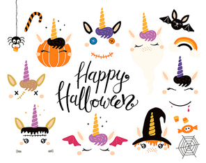 Halloween set with cute unicorns, pumpkin, ghost, witch, vampire, zombie, Frankenstein, devil. Isolated objects. Hand drawn vector illustration. Flat style design Concept for children  party