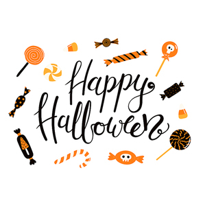 Hand written lettering quote Happy Halloween, with different types of candy. Vector illustration. Isolated objects on white . Flat style design. Concept, element for celebration.