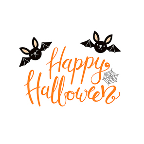 Hand written lettering quote Happy Halloween, with cute bats, spider web. Vector illustration. Isolated objects on white . Flat style design. Concept, element for celebration.