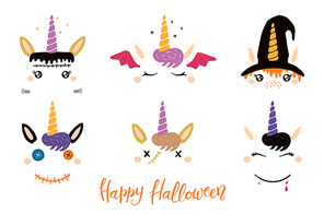 Halloween set with cute unicorn faces, witch, vampire, zombie, Frankenstein, devil. Isolated objects. Hand drawn vector illustration. Flat style design. Concept for children , party invitation