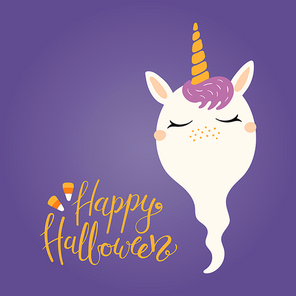 Hand drawn vector illustration of a cute funny ghost unicorn flying, with lettering quote Happy Halloween. Isolated objects on white . Flat style design. Concept for children print.