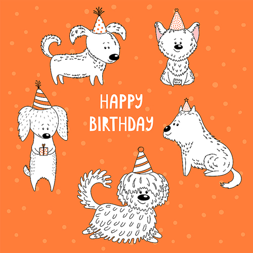 Hand drawn vector illustration with different cute funny cartoon dogs in party hats, text Happy Birthday. Isolated balck and white objects. Design concept for children, celebration.