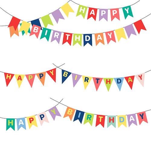 Set of hand drawn vector illustrations with bunting, Happy Birthday letters written on the flags. Isolated objects on white . Design concept for children, birthday celebration.