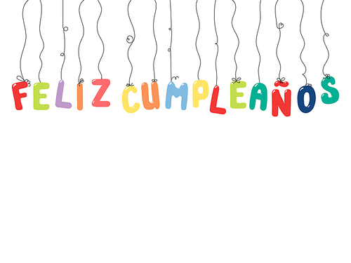 Hand drawn vector illustration with balloons in shape of letters spelling Feliz Cumpleanos (Happy Birthday in Spanish). Isolated objects on white . Design concept for children, celebration.