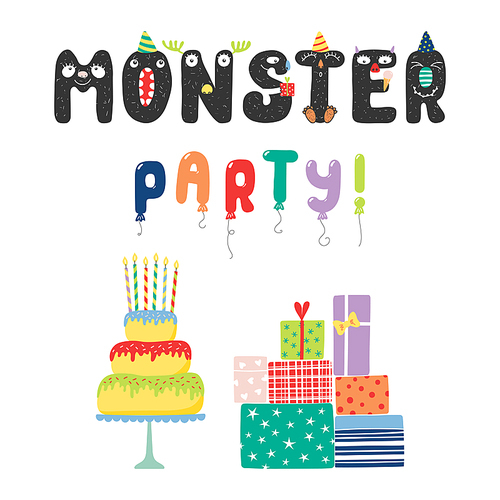 Hand drawn cute funny Monster party quote with letters with faces in party hats, balloon letters. Isolated objects on white . Vector illustration. Design concept for children, birthday.