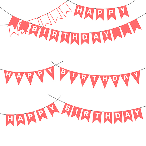 Set of hand drawn vector illustrations with bunting, Happy Birthday letters written on the flags. Isolated objects on white . Design concept for children, birthday celebration.