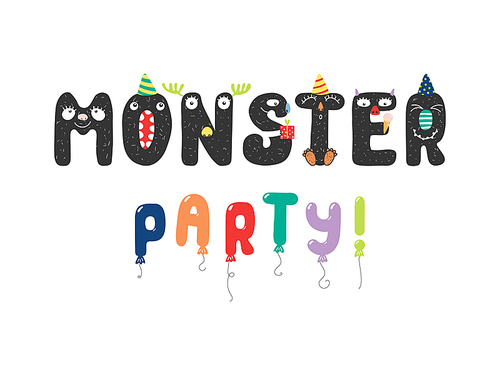 hand drawn cute funny monster party quote with letters with faces in party hats, balloon letters. isolated objects on . vector illustration. design concept for children, birthday.