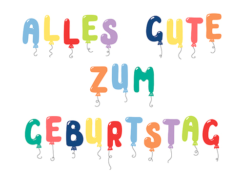 Hand drawn vector illustration with balloons in shape of letters spelling Alles gute zum geburtstag (Happy Birthday in German). Isolated objects on white . Design concept for children.