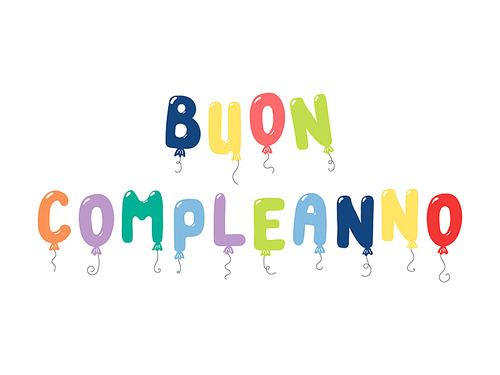 Hand drawn vector illustration with balloons in shape of letters spelling Buon compleanno (Happy Birthday in Italian). Isolated objects on white . Design concept for children, celebration.