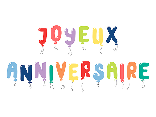 Hand drawn vector illustration with balloons in shape of letters spelling Joyeux anniversaire (Happy Birthday in French). Isolated objects on white . Design concept for children, celebration