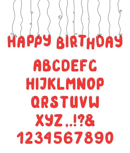 Hand drawn cute and bright roman alphabet with numbers, punctuation marks. Make your own festive lettering. Isolated letters on white . Vector illustration.