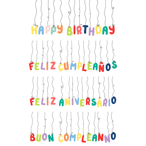 Set of Happy Birthday quotes made of hanging balloons, in English, Spanish, Italian, Portuguese. Isolated objects on white . Vector illustration. Design concept for kids, celebration.