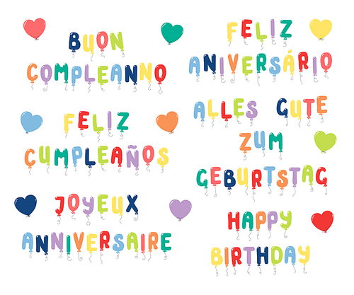 Set of Happy Birthday quotes made of balloons in English, Spanish, Italian, Portuguese, French, German. Isolated objects on white . Vector illustration. Design concept for kids, celebration.