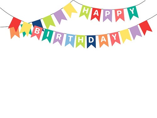 Hand drawn vector illustrations with bunting, Happy Birthday letters written on the flags. Isolated objects on white . Design concept for children, birthday celebration.