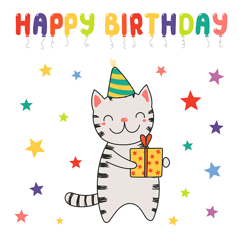 Hand drawn Happy Birthday greeting card with cute funny cartoon cat with a present, text. Isolated objects on white . Vector illustration. Design concept for party, celebration.