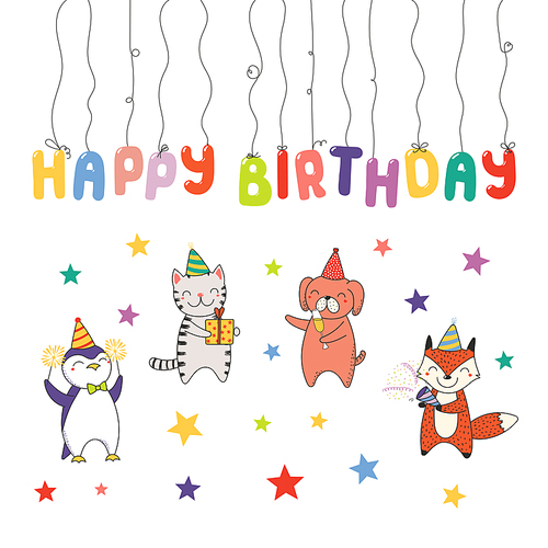 Hand drawn Happy Birthday greeting card, banner template with cute funny cartoon animals celebrating, typography. Isolated objects on white . Vector illustration. Design concept for party.