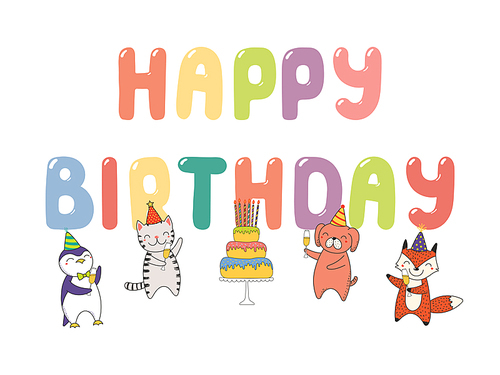 Hand drawn Happy Birthday greeting card, banner template with cute funny cartoon animals celebrating, cake, text. Isolated objects on white . Vector illustration. Design concept for party.