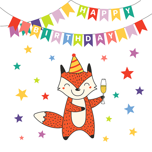 Hand drawn Happy Birthday greeting card with cute funny cartoon fox with a glass of champagne, text. Isolated objects on white . Vector illustration. Design concept for party, celebration.