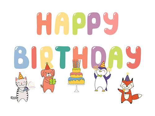 Hand drawn Happy Birthday greeting card, banner template with cute funny cartoon animals celebrating, cake, text. Isolated objects on white . Vector illustration. Design concept for party.