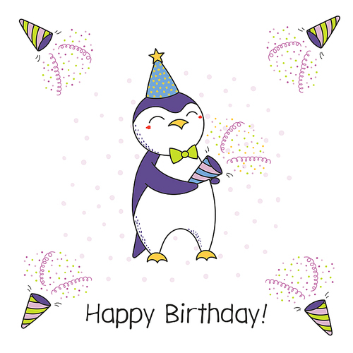 Hand drawn Happy Birthday greeting card with cute funny cartoon penguin with a party popper, typography. Isolated objects on white . Vector illustration. Design concept for celebration.
