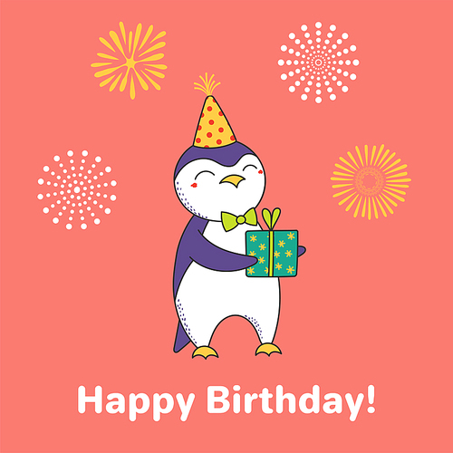 Hand drawn Happy Birthday greeting card with cute funny cartoon penguin with a present, text. Isolated objects on  with fireworks. Vector illustration. Design concept for party, celebration.
