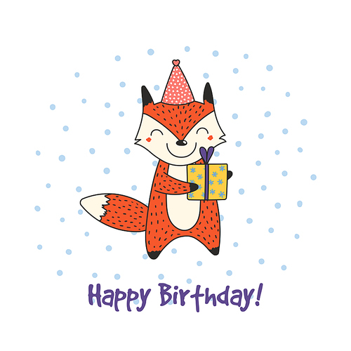 Hand drawn Happy Birthday greeting card with cute funny cartoon fox with a present, text. Isolated objects on white . Vector illustration. Design concept for party, celebration.