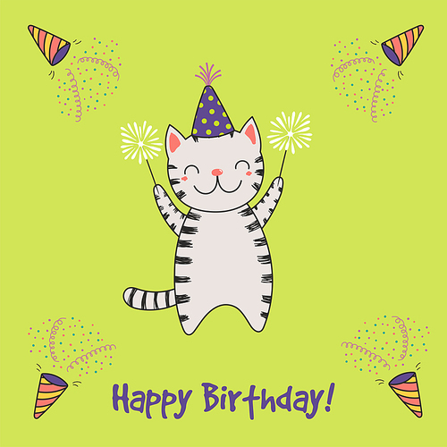 Hand drawn Happy Birthday greeting card with cute funny cartoon cat with sparklers, text. Isolated objects on a background with poppers. Vector illustration. Design concept for party, celebration.