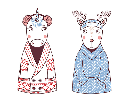 Hand drawn vector illustration of a cute funny unicorn in a knitted cardigan and fur earmuffs, deer in a sweater and beanie. Isolated objects on white . Design concept for children.