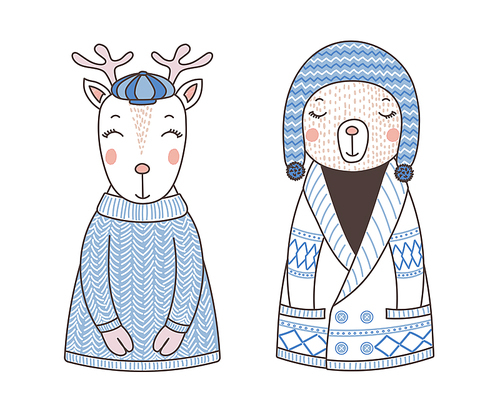 Hand drawn vector illustration of a cute funny bear in a knitted cardigan and hat, reindeer in a sweater and cap. Isolated objects on white . Design concept for children.