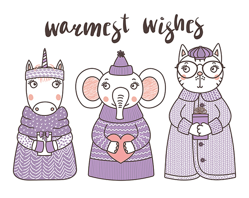 Hand drawn vector illustration of a cute funny cat, unicorn, elephant, in knitted hats and sweaters, holding gifts, text Warmest wishes. Isolated objects on white . Design concept for kids