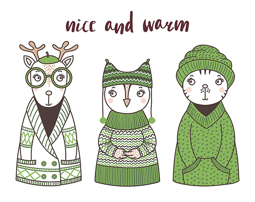 Hand drawn vector illustration of a cute funny cat, owl, deer, in knitted sweaters, hats, beret, text Nice and warm. Isolated objects on white . Design concept for children.