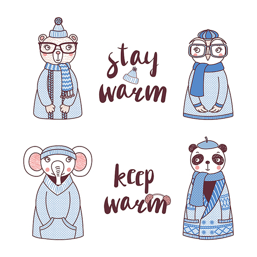 Hand drawn vector illustration of a cute funny owl, bear, panda, elephant, in knitted sweaters, hats, text Stay warm, Keep warm. Isolated objects on white . Design concept for children.
