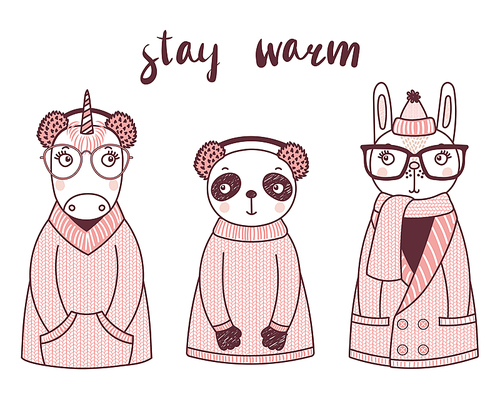 Hand drawn vector illustration of a cute funny rabbit, unicorn, panda, in knitted sweaters, fur earmuffs, text Stay warm. Isolated objects on white . Design concept for children.