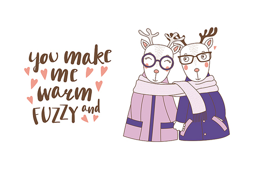 Hand drawn vector illustration of a couple of cute funny deers in coats, holding hands and wrapped in one scarf, with text. Isolated objects on white . Design concept kids, Valentines day