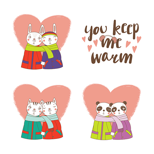 Set of hand drawn cute funny animal couples, holding hands and wrapped in a muffler, with typography. Isolated objects on white . Design concept for kids, Valentines day. Vector illustration