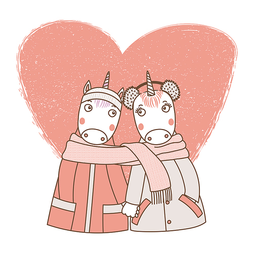 Hand drawn vector illustration of a couple of cute funny unicorns in coats, holding hands and wrapped in a scarf, with heart. Isolated objects on white . Design concept kids, Valentines day