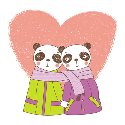 Hand drawn vector illustration of a couple of cute funny pandas in coats, holding hands and wrapped in one scarf, with heart. Isolated objects on white . Design concept kids, Valentines day