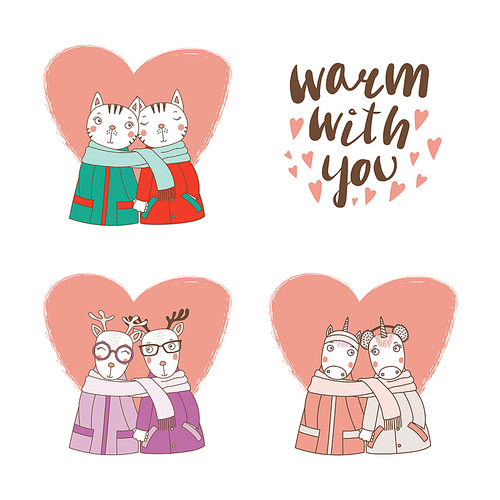 Set of hand drawn cute funny animal couples, holding hands and wrapped in a muffler, with typography. Isolated objects on white . Design concept for kids, Valentines day. Vector illustration