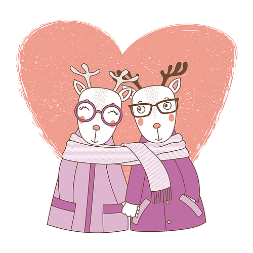 Hand drawn vector illustration of a couple of cute funny deers in coats, holding hands and wrapped in one scarf, with heart. Isolated objects on white . Design concept kids, Valentines day