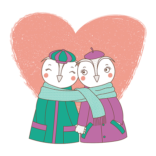 Hand drawn vector illustration of a couple of cute funny owls in coats, holding hands and wrapped in one scarf, with heart. Isolated objects on white . Design concept kids, Valentines day