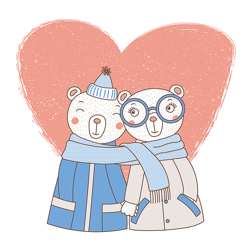Hand drawn vector illustration of a couple of cute funny bears in coats, holding hands and wrapped in one scarf, with heart. Isolated objects on white . Design concept kids, Valentines day