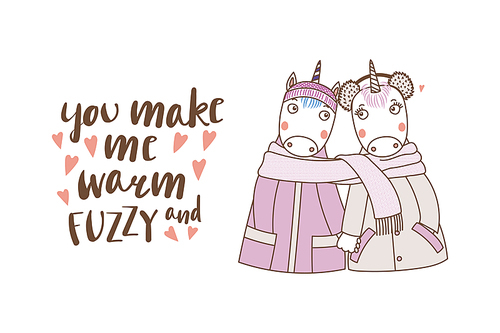 Hand drawn vector illustration of a couple of cute funny unicorns in coats, holding hands and wrapped in a scarf, with text. Isolated objects on white . Design concept kids, Valentines day