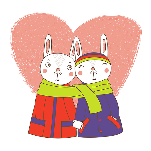 Hand drawn vector illustration of a couple of cute funny bunnies in coats, holding hands and wrapped in one scarf, with heart. Isolated objects on white . Design concept kids, Valentines day